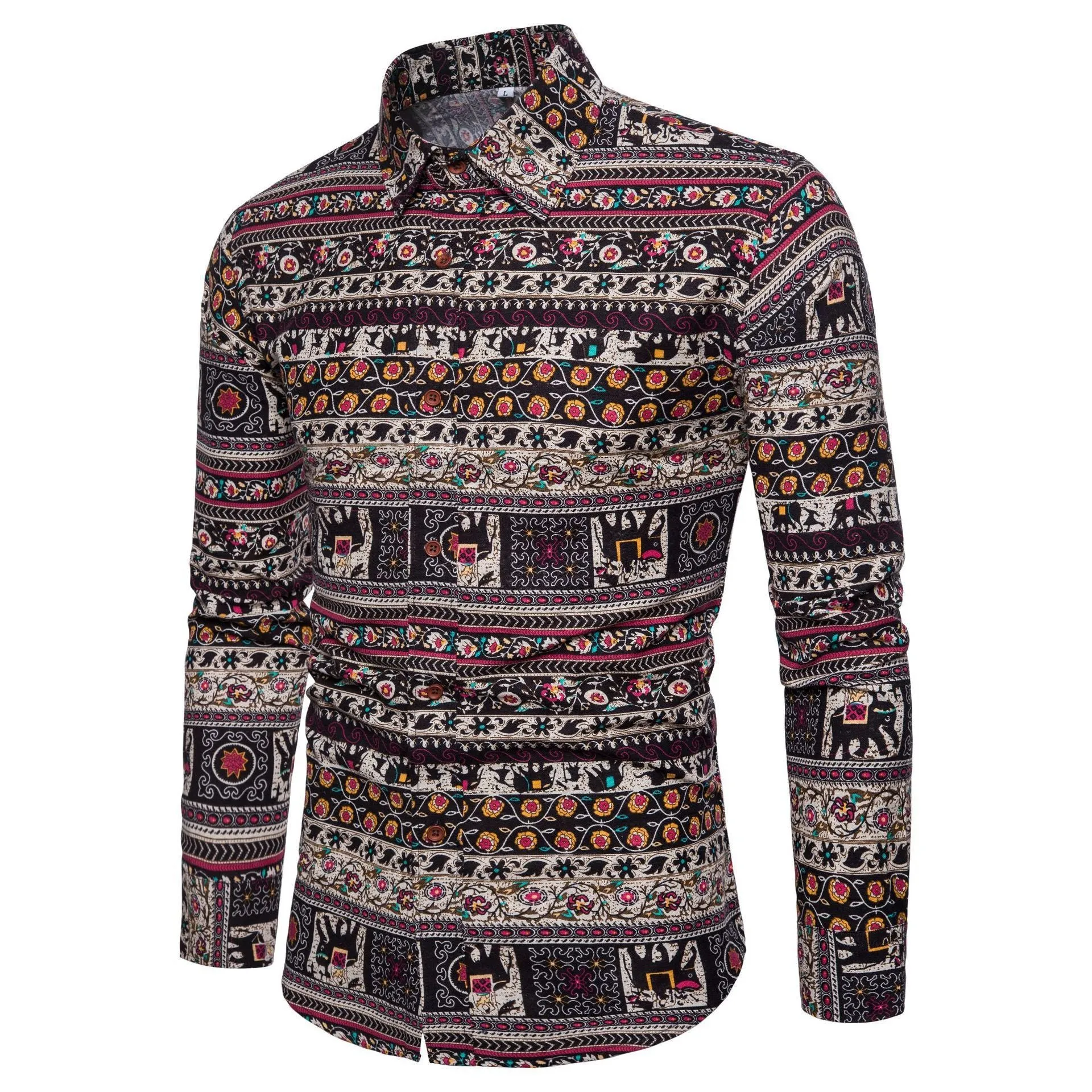 Men long sleeve floral linen cardigan shirt with square collar in Asian fit, one of 11 colour variants