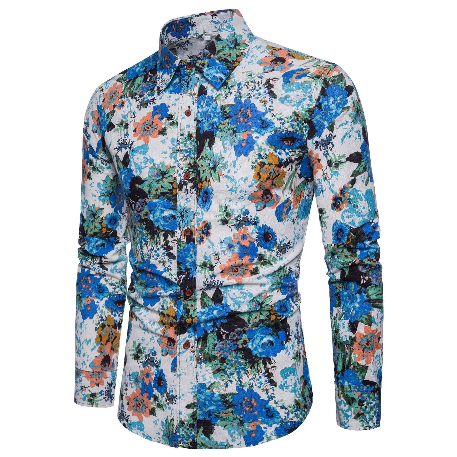 Men long sleeve floral linen cardigan shirt with square collar in Asian fit, one of 11 colour variants