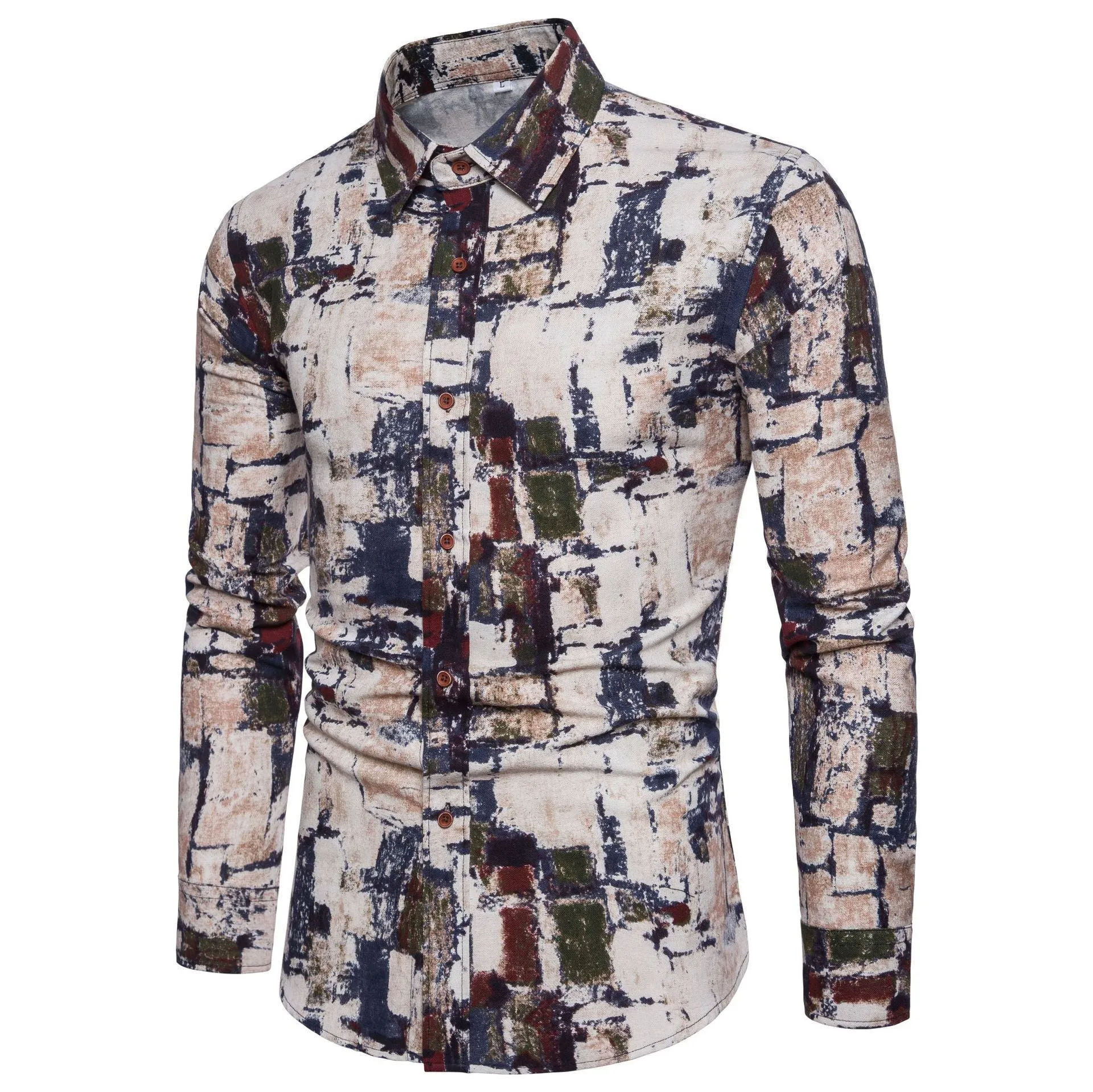 Men long sleeve floral linen cardigan shirt with square collar in Asian fit, one of 11 colour variants