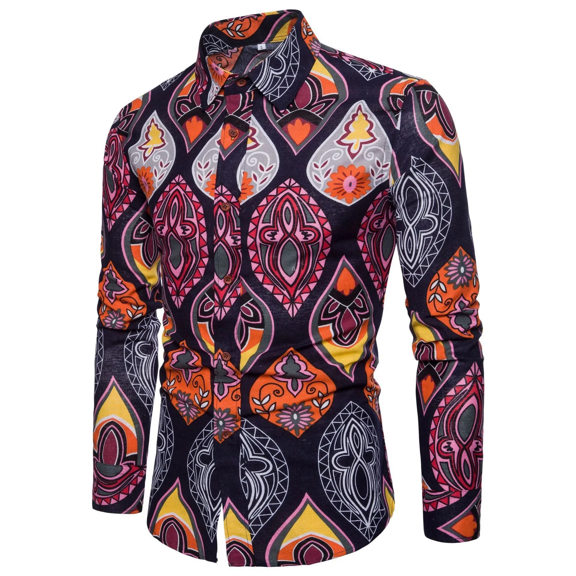 Men long sleeve floral linen cardigan shirt with square collar in Asian fit, one of 11 colour variants