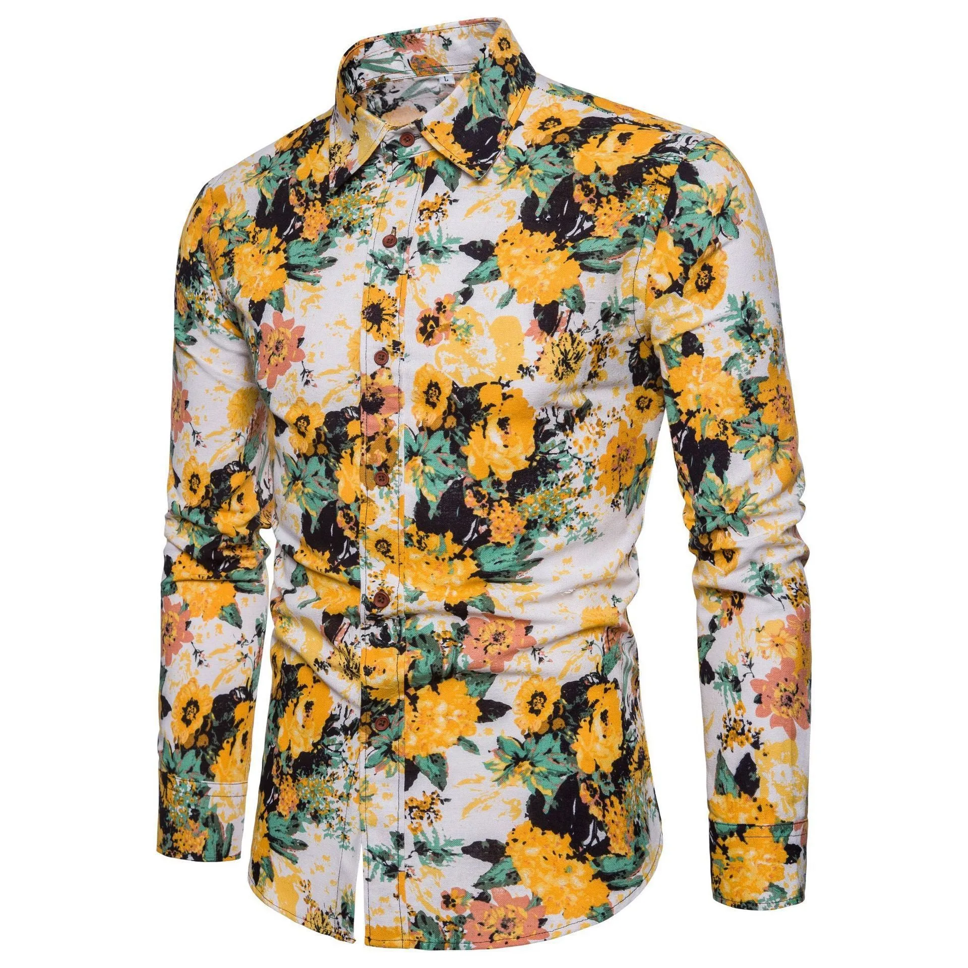 Men long sleeve floral linen cardigan shirt with square collar in Asian fit, one of 11 colour variants