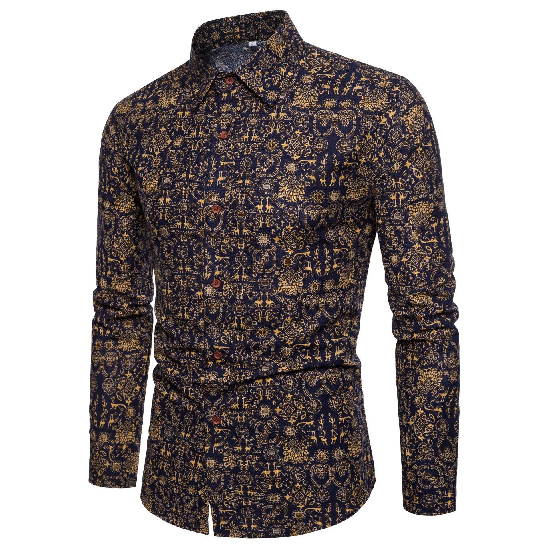 Men long sleeve floral linen cardigan shirt with square collar in Asian fit, one of 11 colour variants