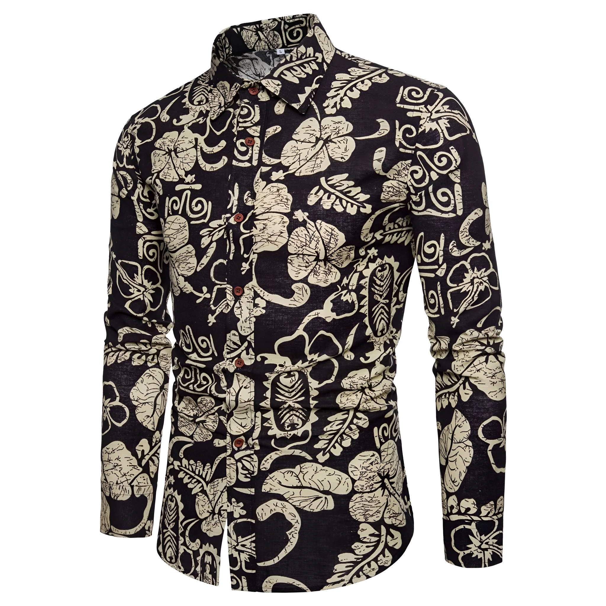 Men long sleeve floral linen cardigan shirt with square collar in Asian fit, one of 11 colour variants