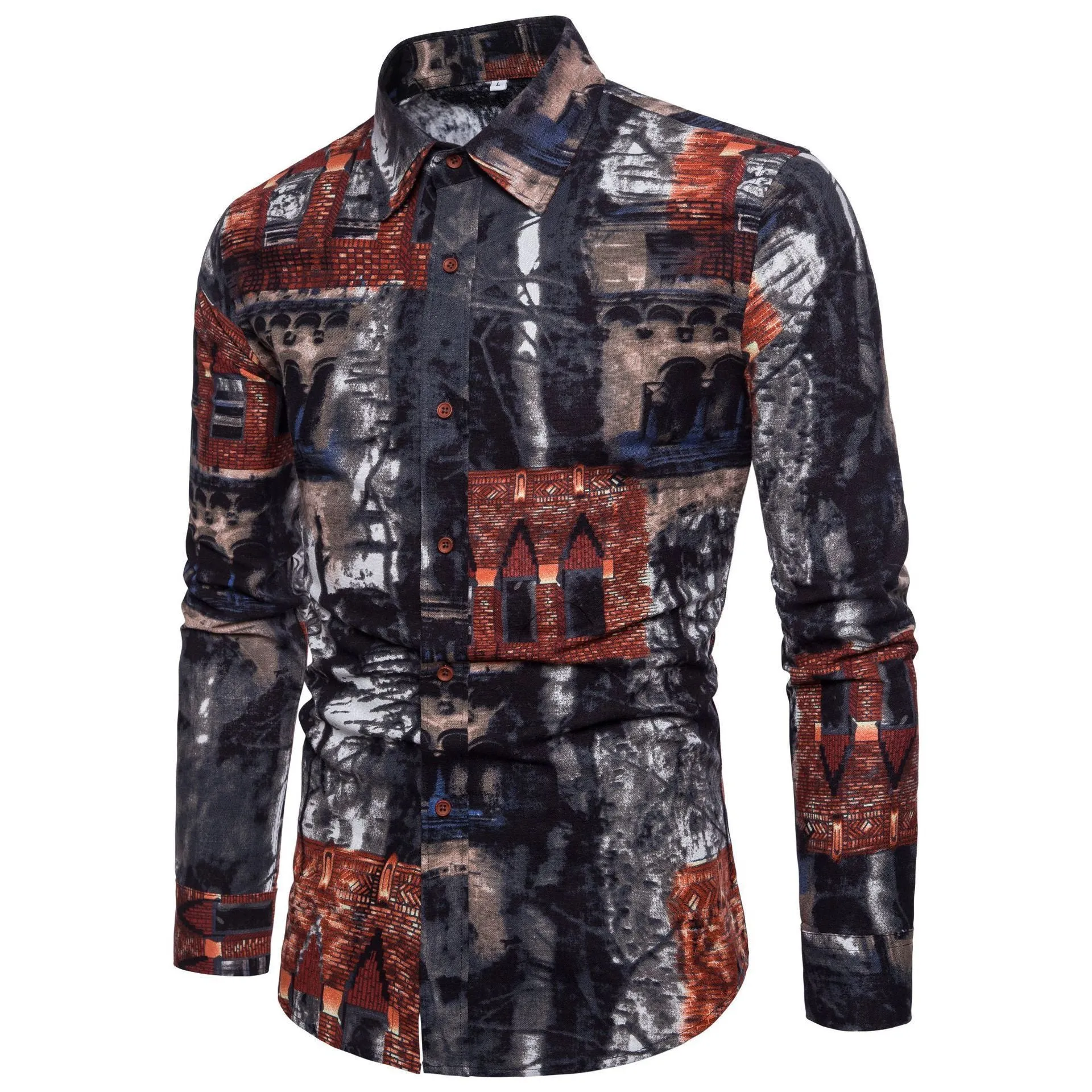 Men long sleeve floral linen cardigan shirt with square collar in Asian fit, one of 11 colour variants