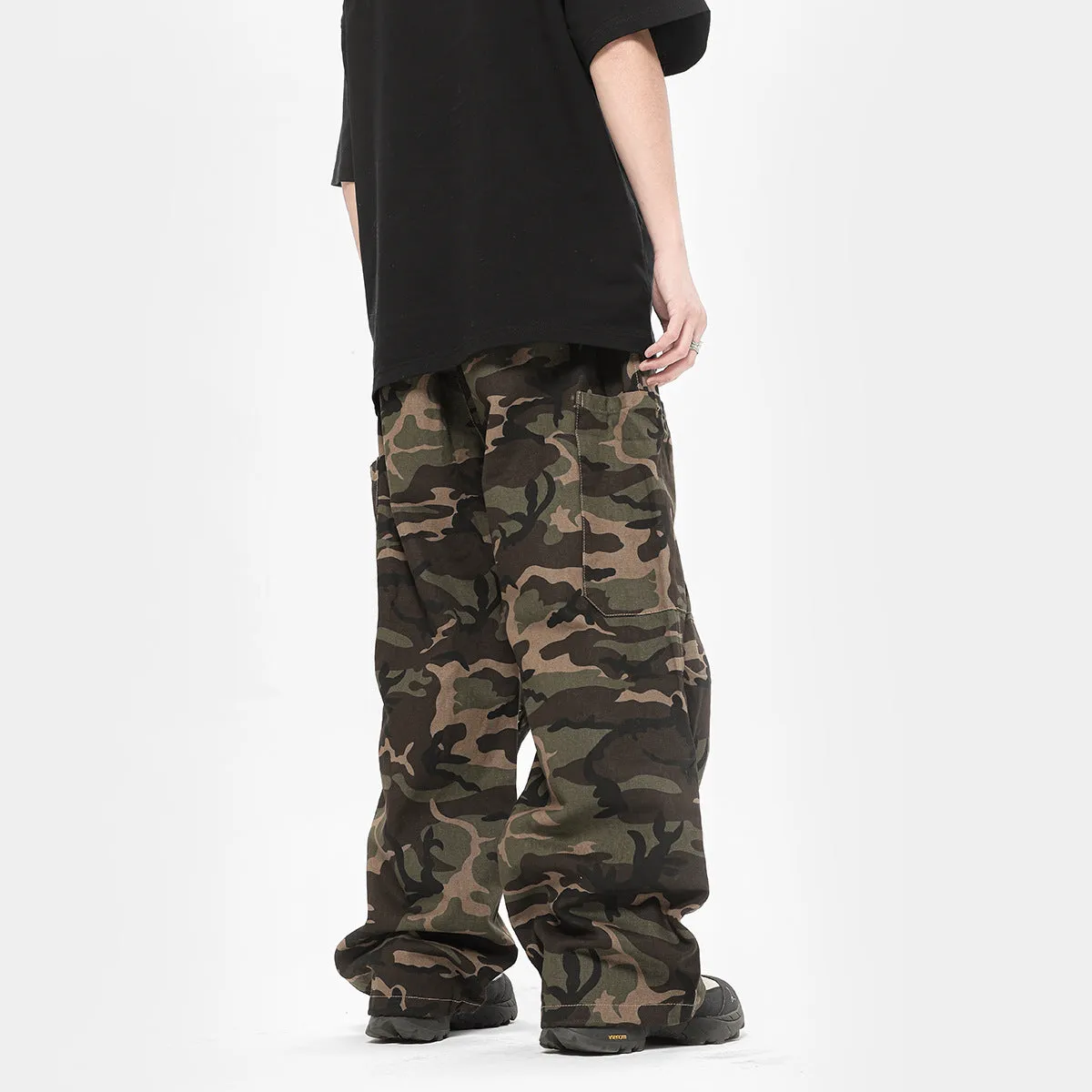 Camouflage cotton cargo pants with adjustable leg shaping for men and teens, mid waist straight type