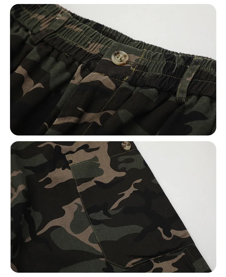 Camouflage cotton cargo pants with adjustable leg shaping for men and teens, mid waist straight type