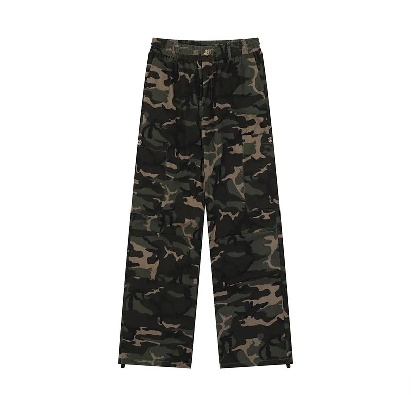 Camouflage cotton cargo pants with adjustable leg shaping for men and teens, mid waist straight type