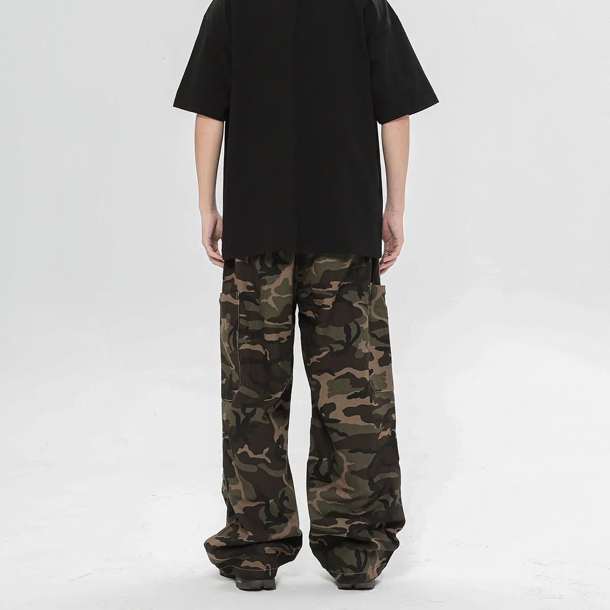 Camouflage cotton cargo pants with adjustable leg shaping for men and teens, mid waist straight type