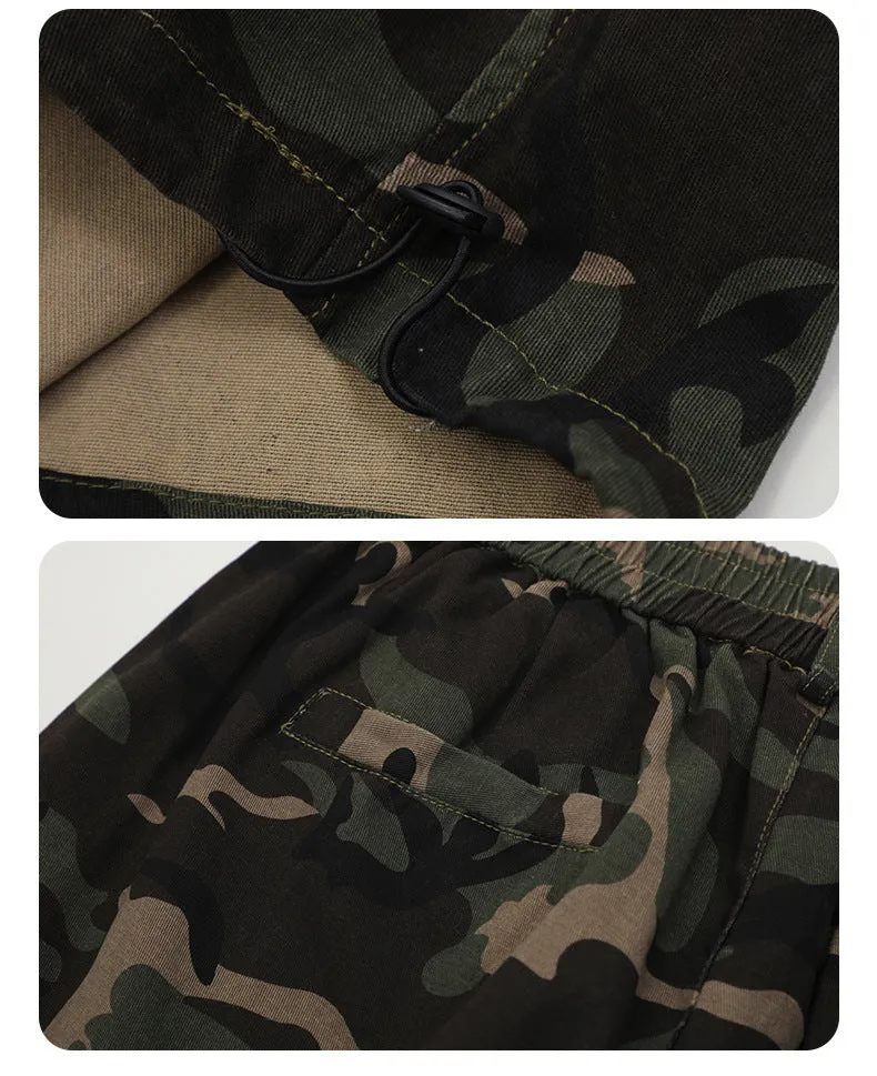 Camouflage cotton cargo pants with adjustable leg shaping for men and teens, mid waist straight type