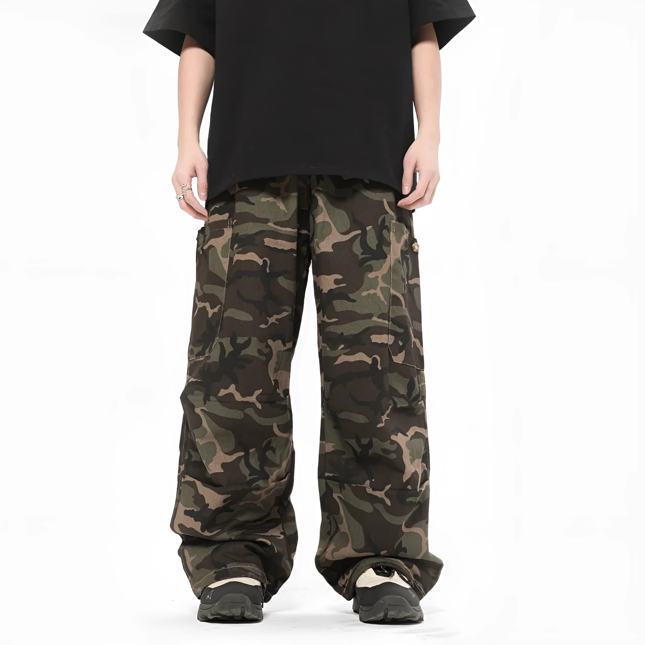 Camouflage cotton cargo pants with adjustable leg shaping for men and teens, mid waist straight type