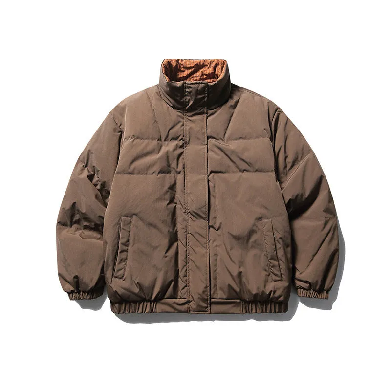 Men's brown plaid reversible down jacket with stand-up collar and hood, medium length, white duck down filling