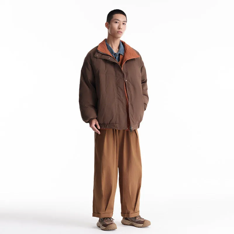 Men's brown plaid reversible down jacket with stand-up collar and hood, medium length, white duck down filling