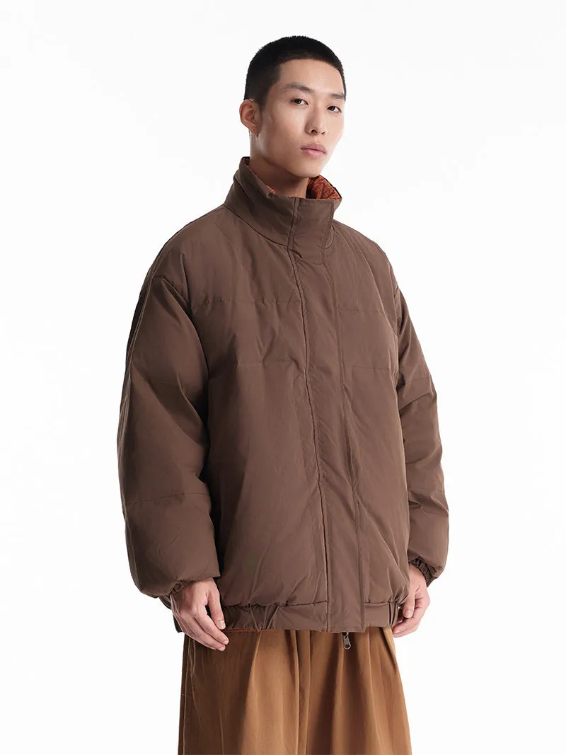 Men's brown plaid reversible down jacket with stand-up collar and hood, medium length, white duck down filling