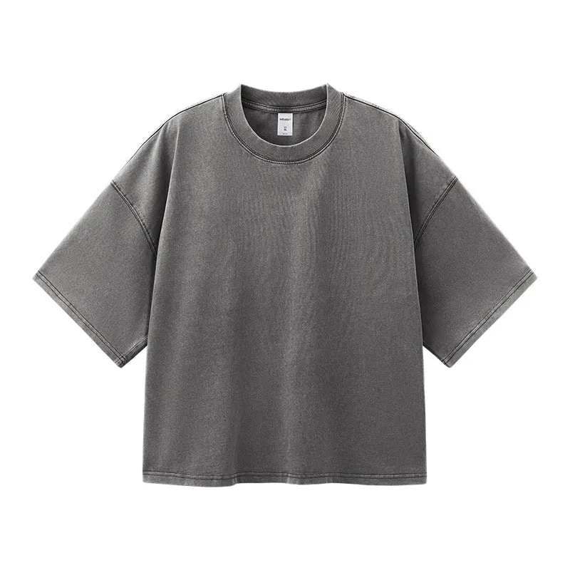 Men's vintage wash cotton T-shirt in khaki colour with loose fit and drop-shoulder sleeves
