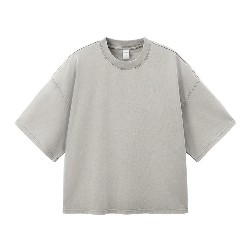 Men's vintage wash cotton T-shirt in khaki colour with loose fit and drop-shoulder sleeves