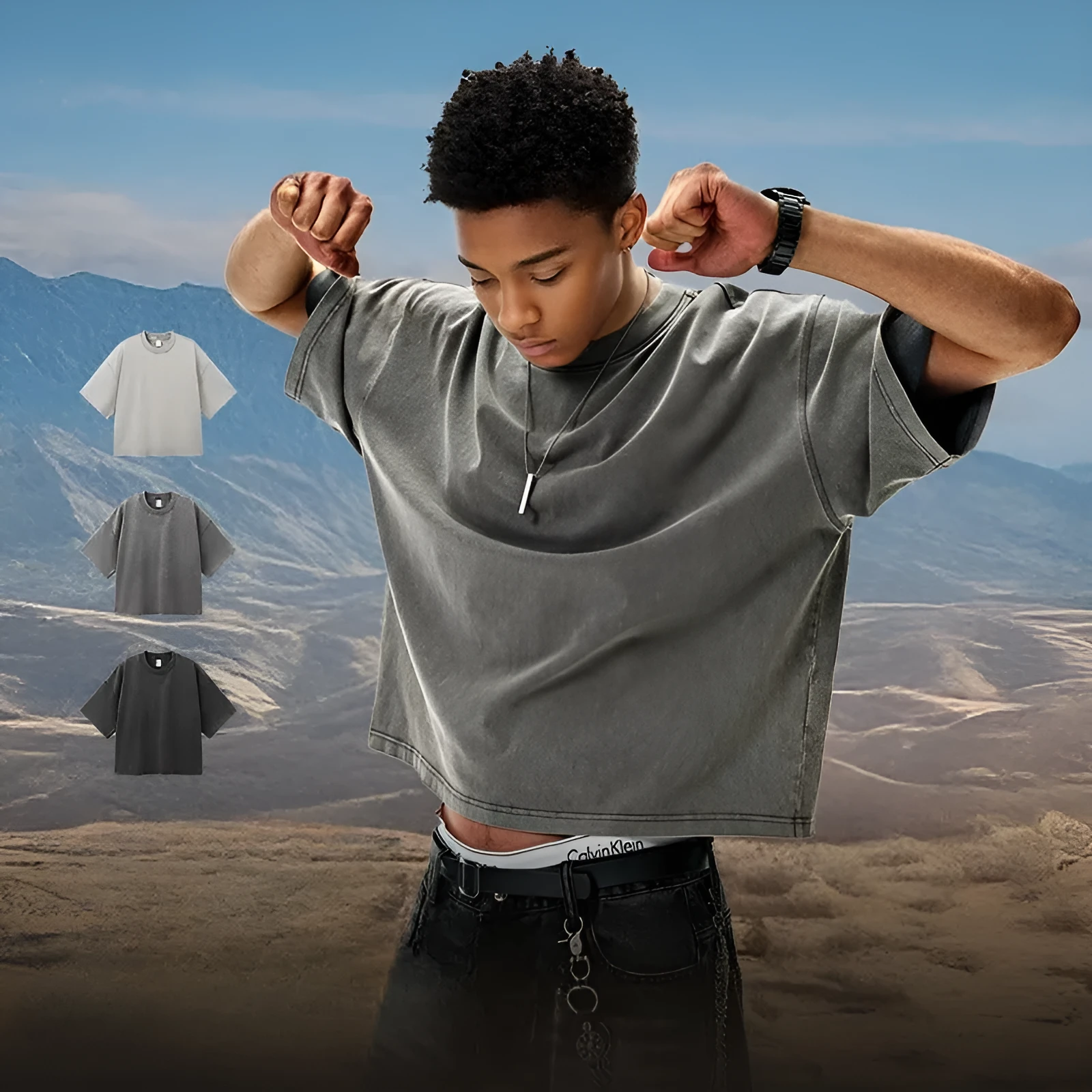 Men's vintage wash cotton T-shirt in khaki colour with loose fit and drop-shoulder sleeves