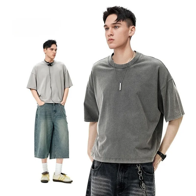 Men's vintage wash cotton T-shirt in khaki colour with loose fit and drop-shoulder sleeves