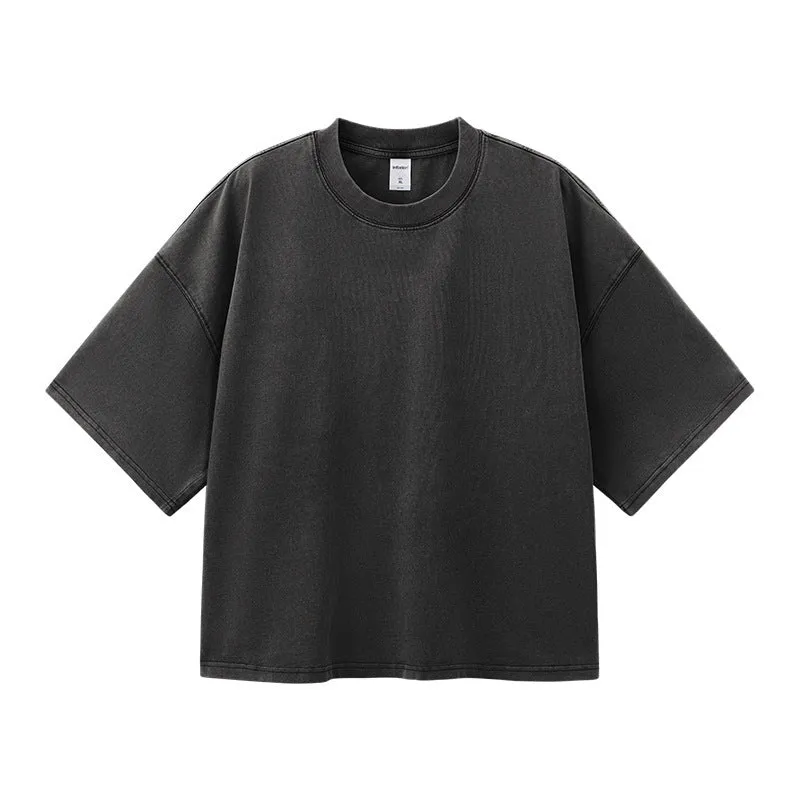 Men's vintage wash cotton T-shirt in khaki colour with loose fit and drop-shoulder sleeves