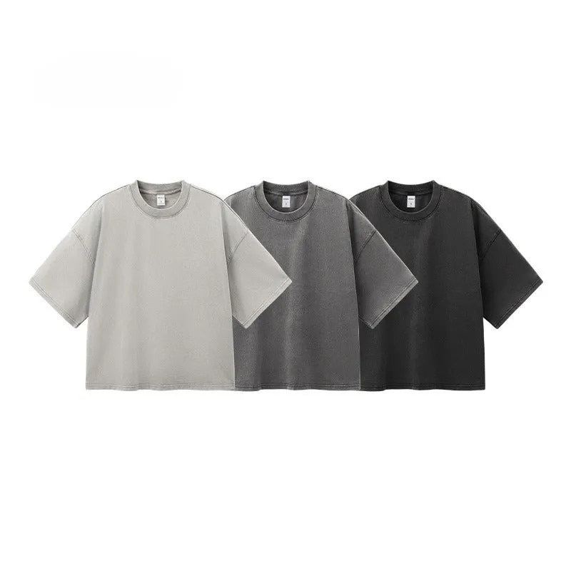 Men's vintage wash cotton T-shirt in khaki colour with loose fit and drop-shoulder sleeves