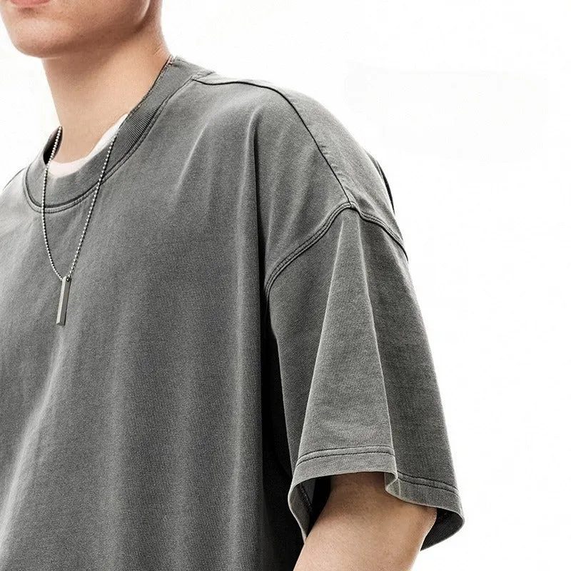 Men's vintage wash cotton T-shirt in khaki colour with loose fit and drop-shoulder sleeves