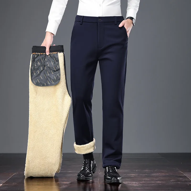 Thermal casual pants for elderly men in lamb wool black with rope closure and elastic waistband