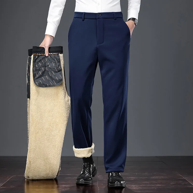 Thermal casual pants for elderly men in lamb wool black with rope closure and elastic waistband