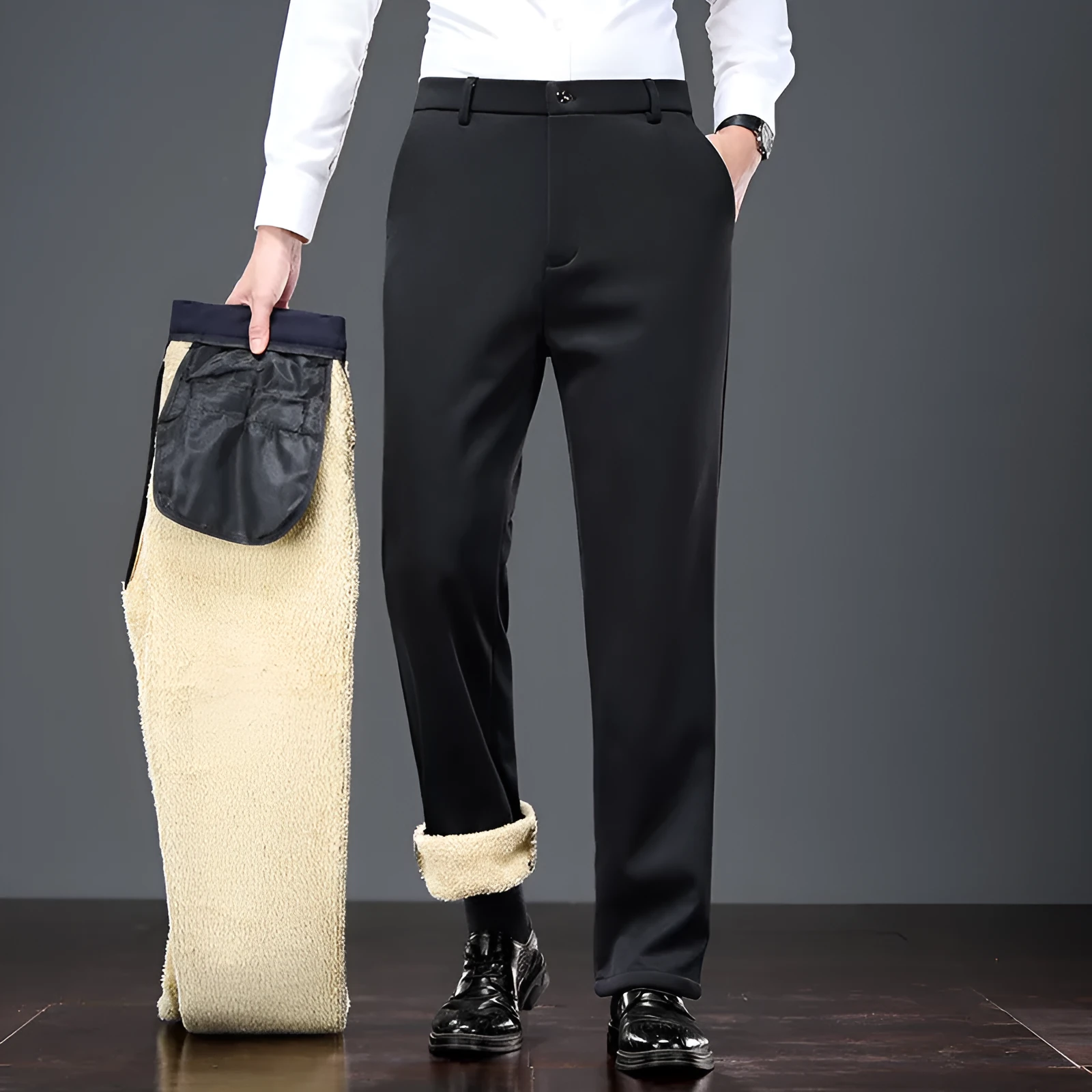 Thermal casual pants for elderly men in lamb wool black with rope closure and elastic waistband