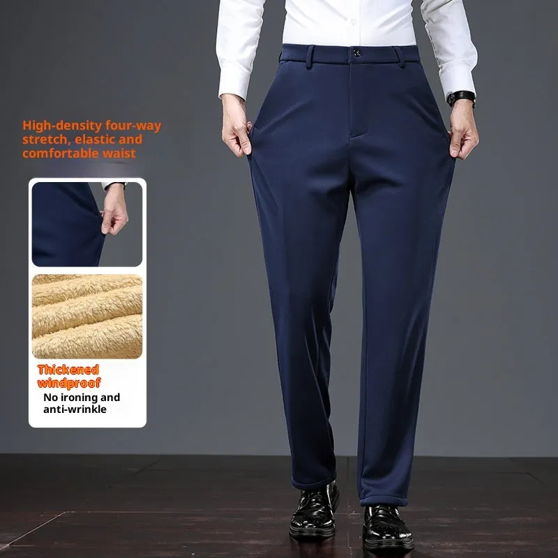 Thermal casual pants for elderly men in lamb wool black with rope closure and elastic waistband