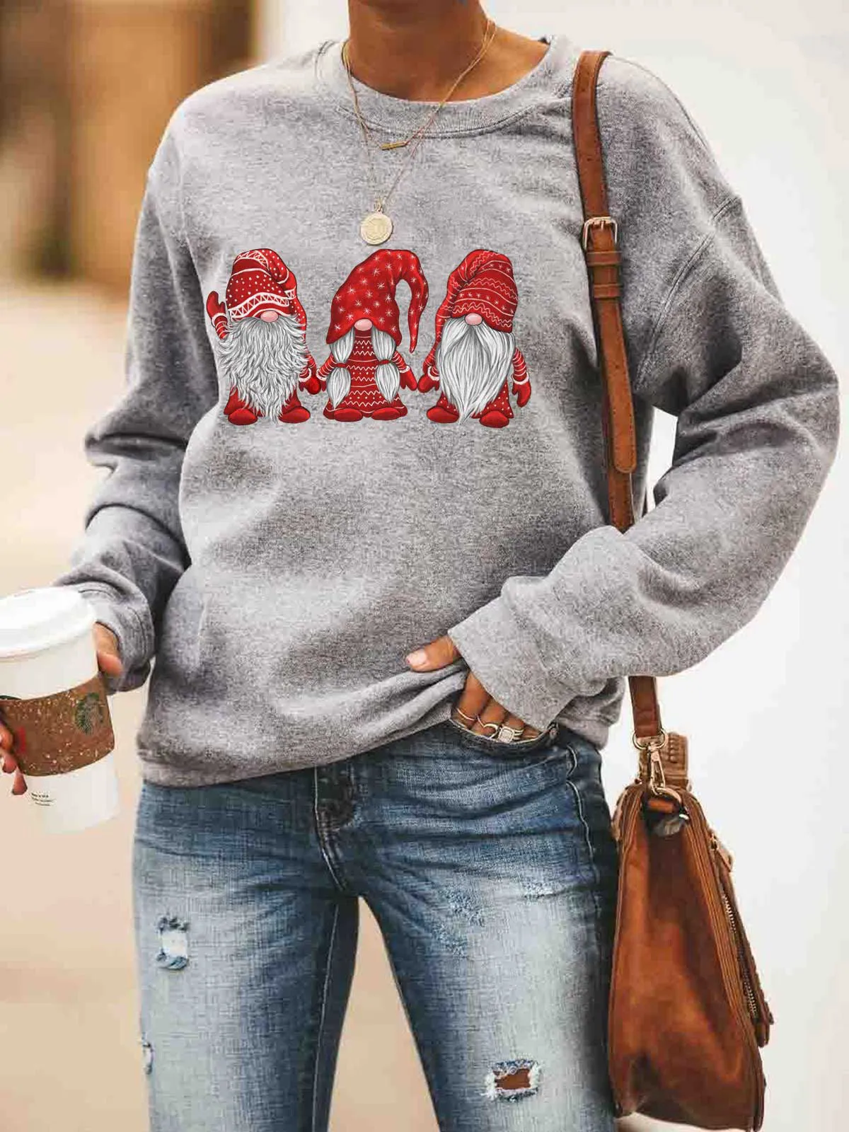 Christmas women's cotton sweater with red Santa Claus print, crew neck, long sleeves, size M