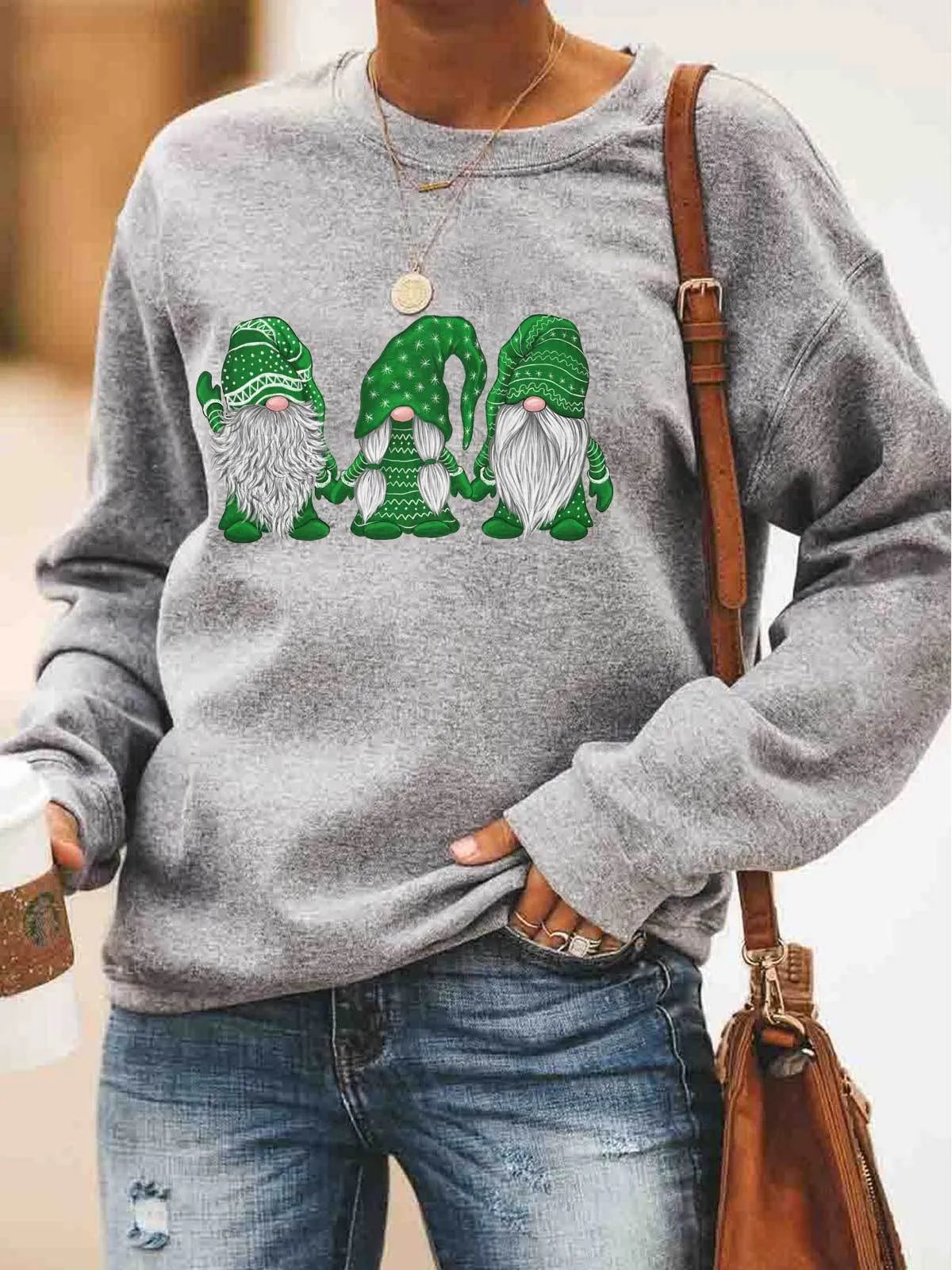 Christmas women's cotton sweater with red Santa Claus print, crew neck, long sleeves, size M
