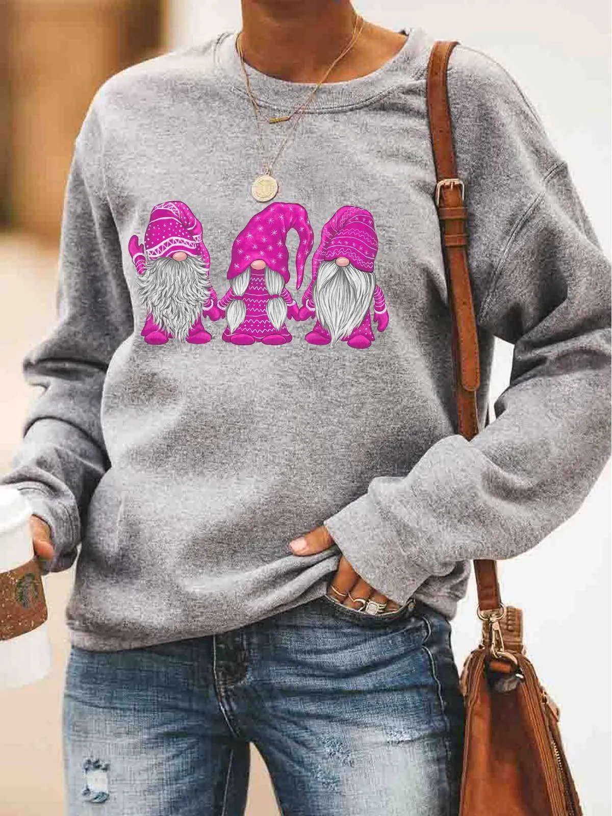 Christmas women's cotton sweater with red Santa Claus print, crew neck, long sleeves, size M