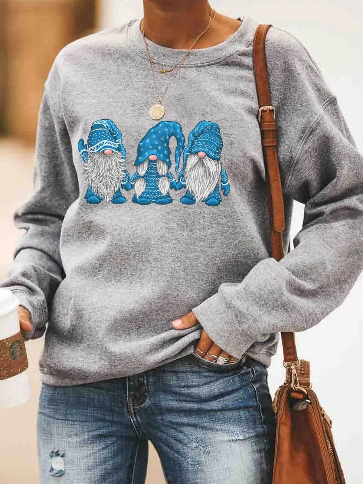 Christmas women's cotton sweater with red Santa Claus print, crew neck, long sleeves, size M