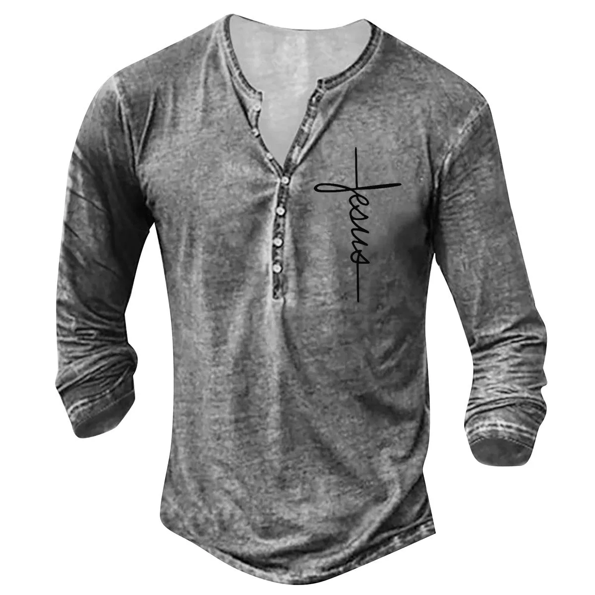 Men's long sleeve button V-neck retro oversize cotton blend t-shirt in black on white background