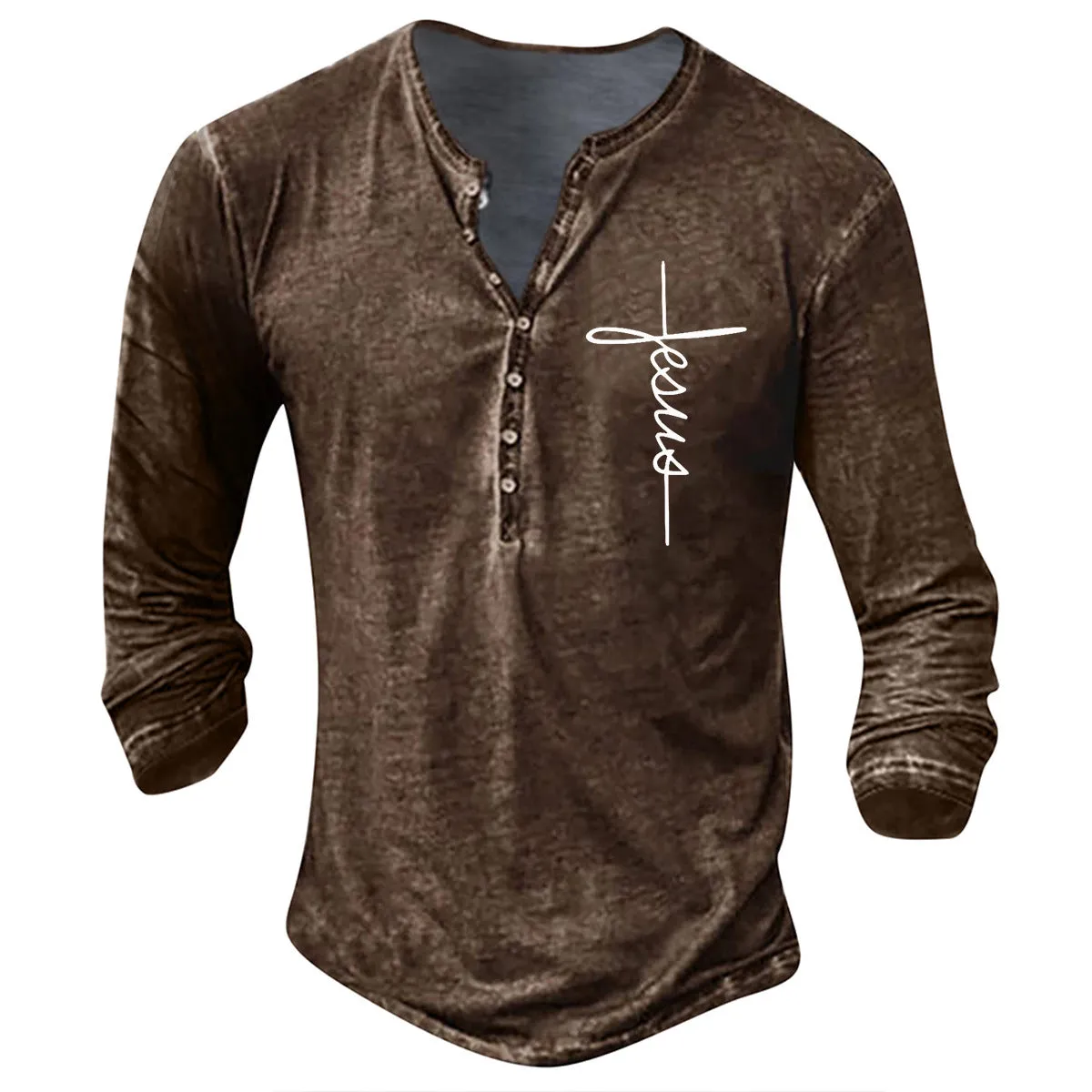 Men's long sleeve button V-neck retro oversize cotton blend t-shirt in black on white background