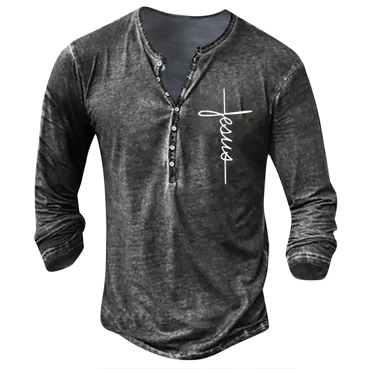 Men's long sleeve button V-neck retro oversize cotton blend t-shirt in black on white background