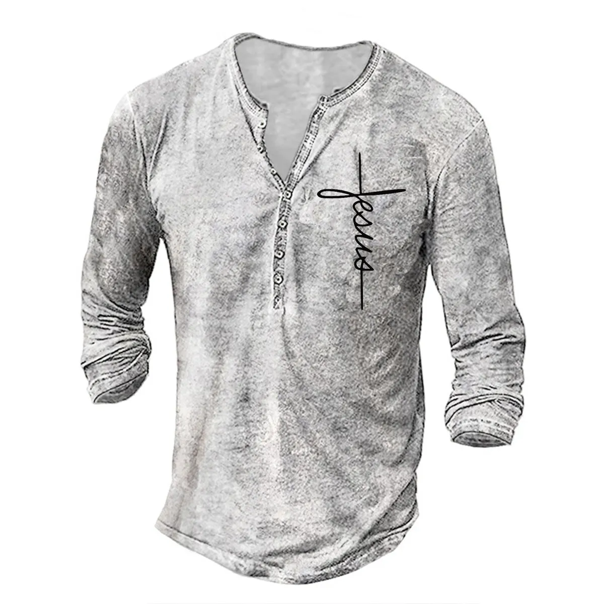 Men's long sleeve button V-neck retro oversize cotton blend t-shirt in black on white background