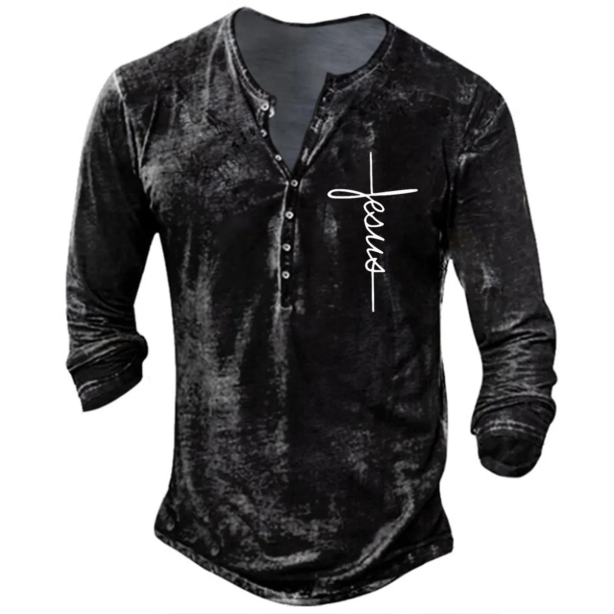 Men's long sleeve button V-neck retro oversize cotton blend t-shirt in black on white background