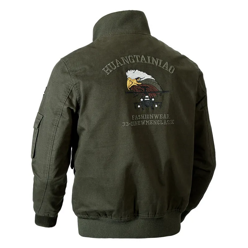 Men's loose military jacket in khaki, printed polyester fibre, front view