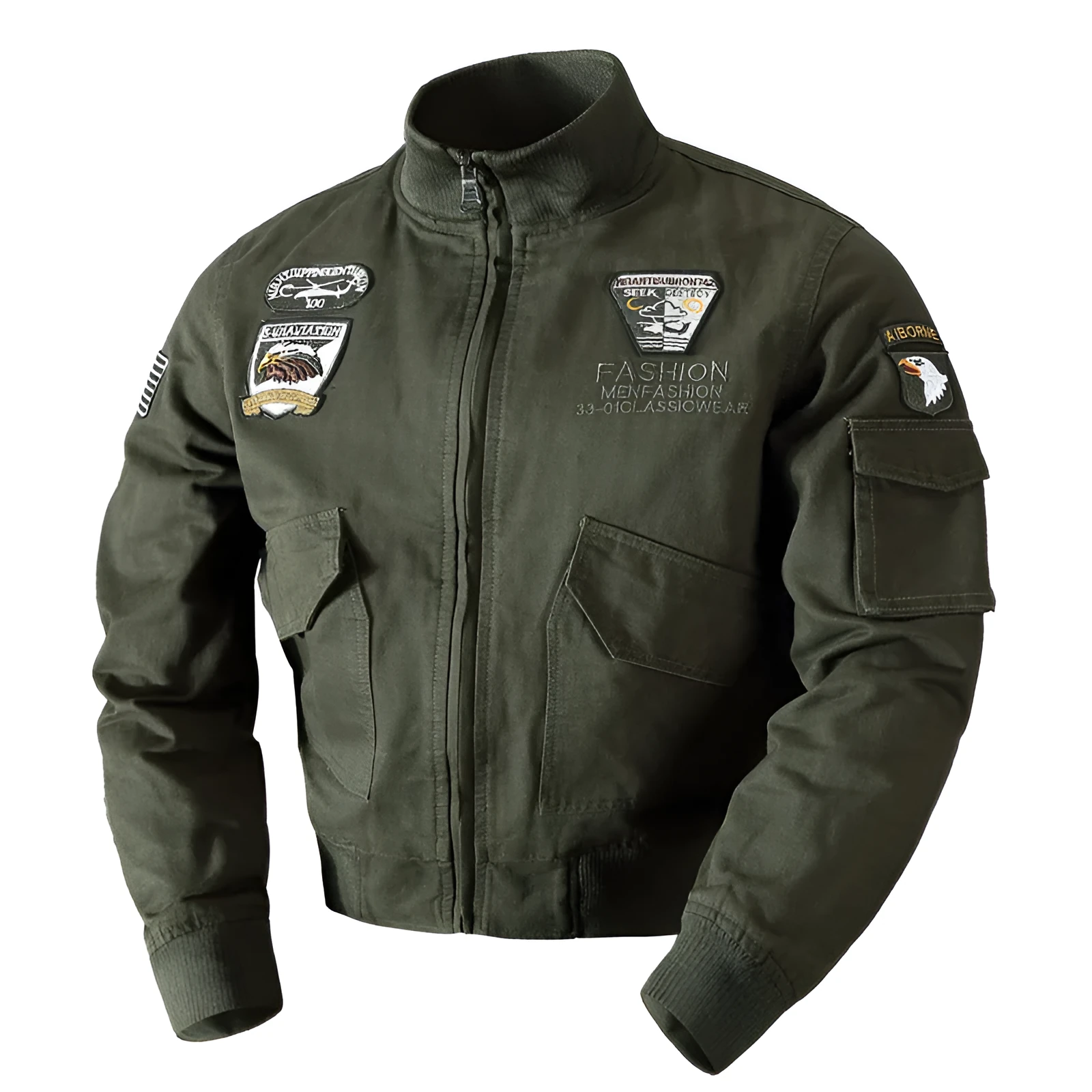 Men's loose military jacket in khaki, printed polyester fibre, front view
