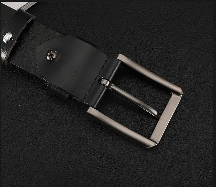 Men's cowhide leather belt with rectangular alloy pin buckle in black colour on white background