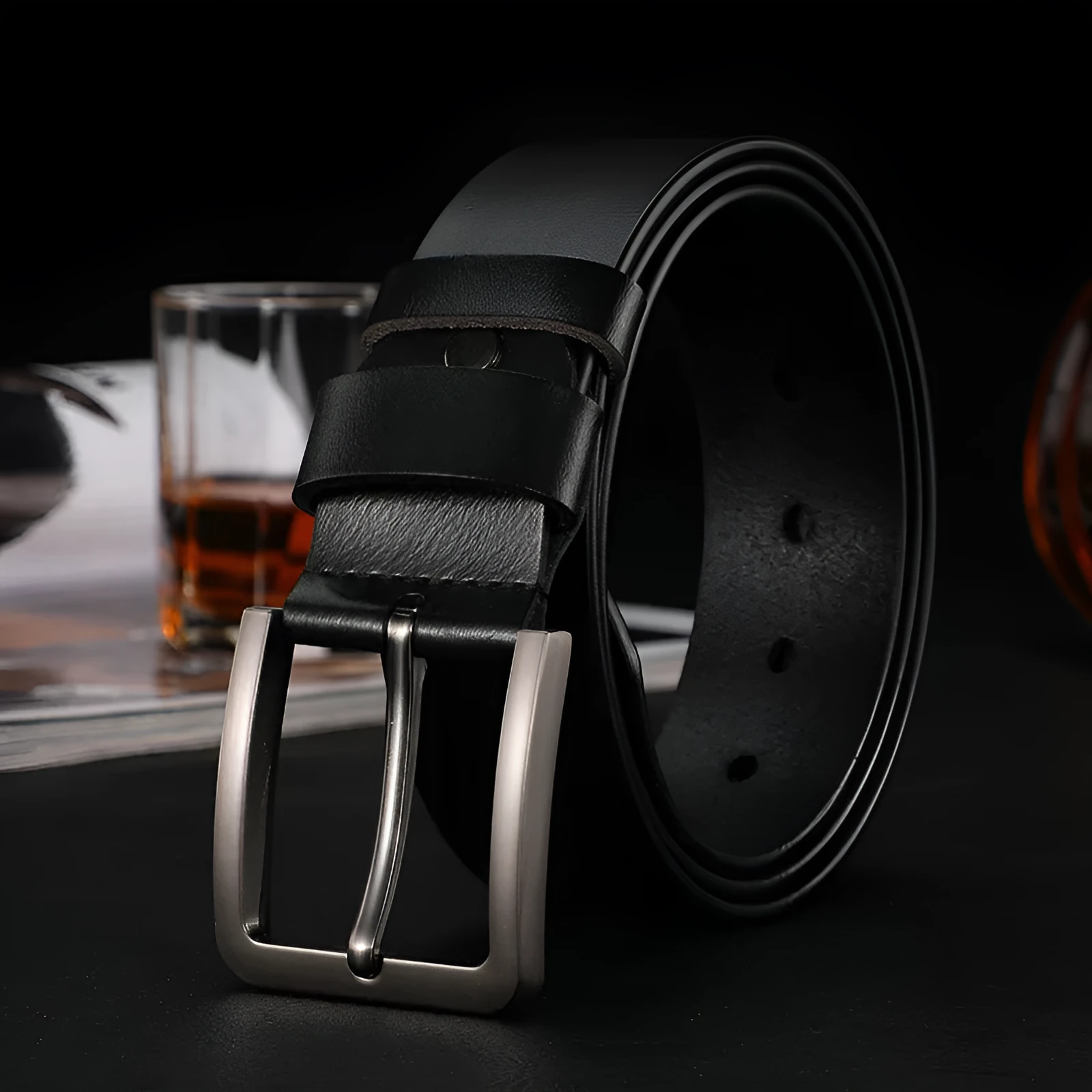 Men's cowhide leather belt with rectangular alloy pin buckle in black colour on white background