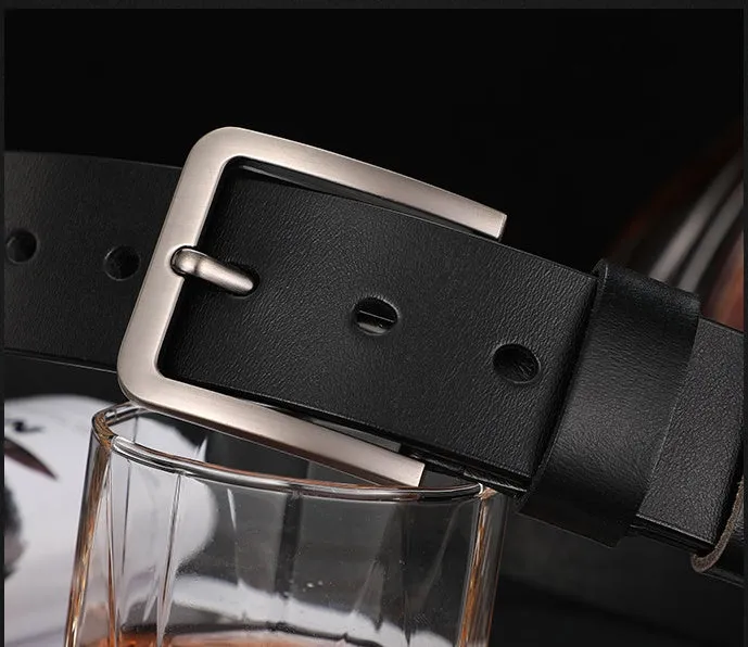 Men's cowhide leather belt with rectangular alloy pin buckle in black colour on white background