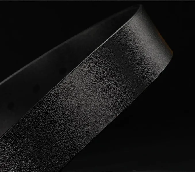Men's cowhide leather belt with rectangular alloy pin buckle in black colour on white background