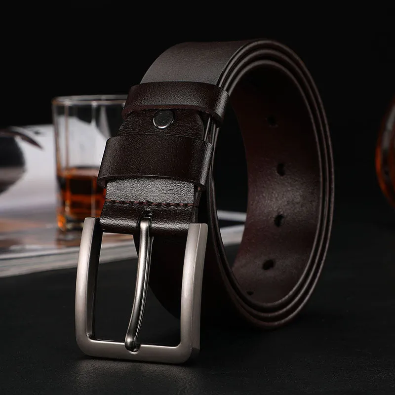 Men's cowhide leather belt with rectangular alloy pin buckle in black colour on white background