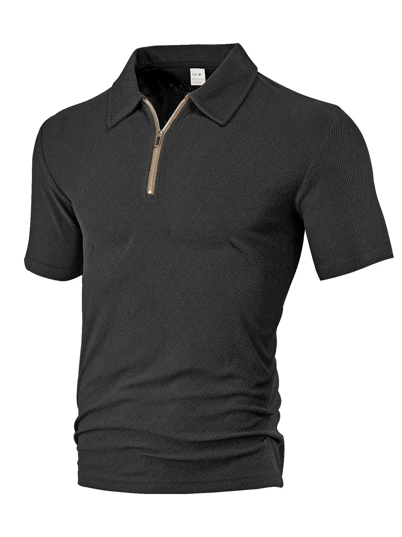 Men's loose zippered short sleeve casual shirt in navy blue with polyester fabric