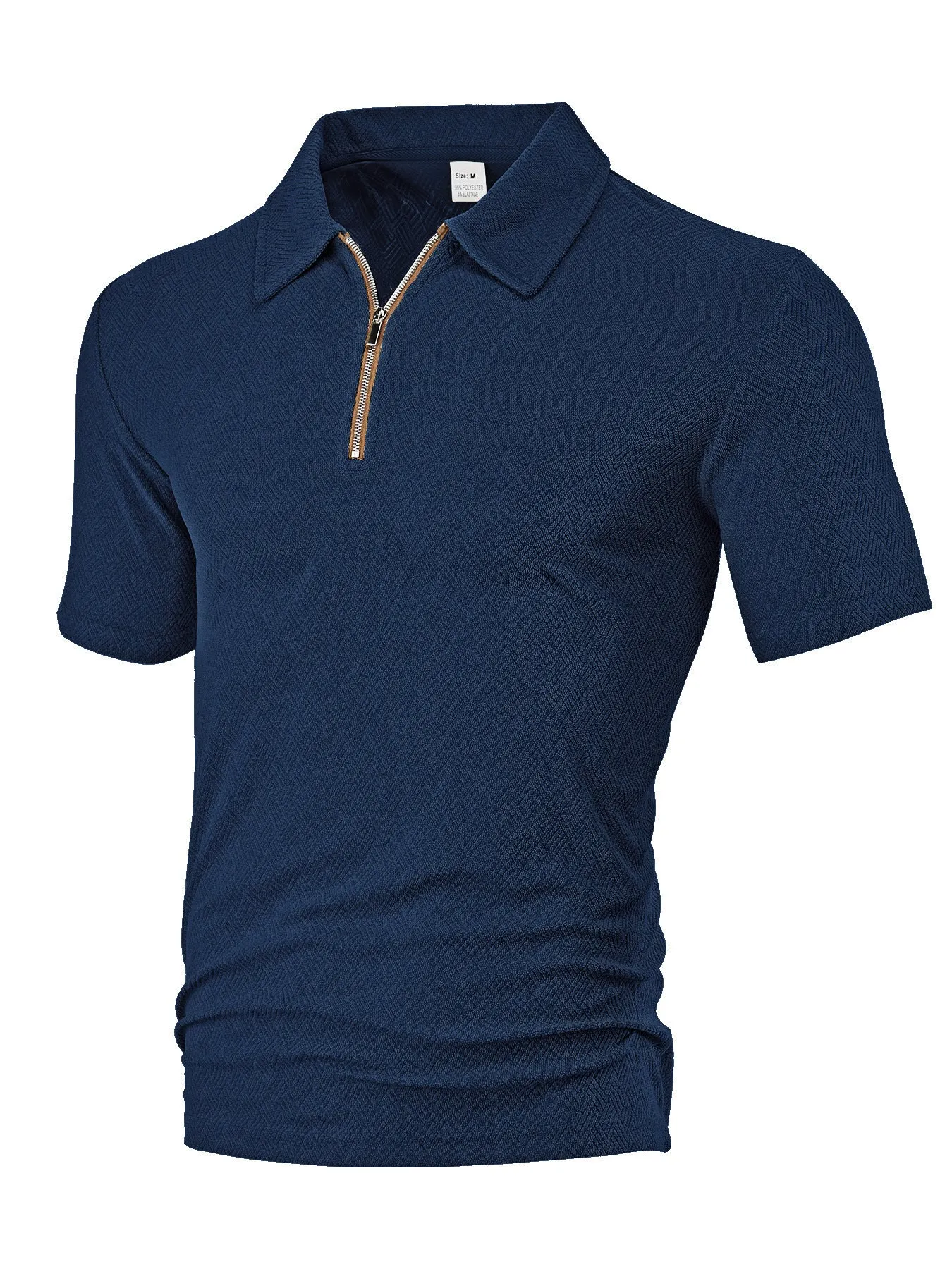 Men's loose zippered short sleeve casual shirt in navy blue with polyester fabric