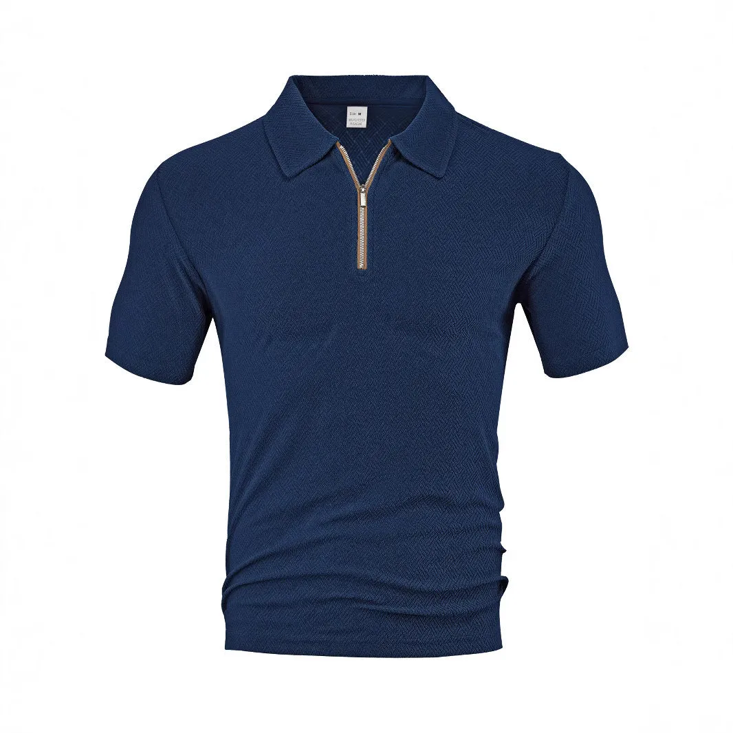 Men's loose zippered short sleeve casual shirt in navy blue with polyester fabric