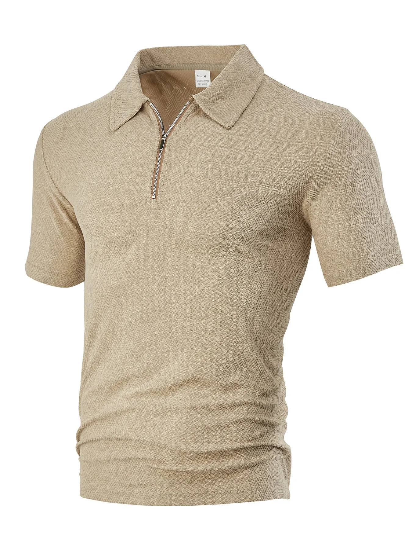 Men's loose zippered short sleeve casual shirt in navy blue with polyester fabric