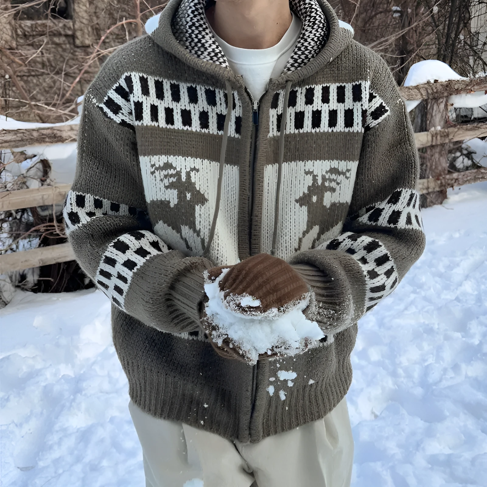 Jacquard Christmas zipper cardigan knitted coat loose fit youth leisure apricot gray imitation mink polyester