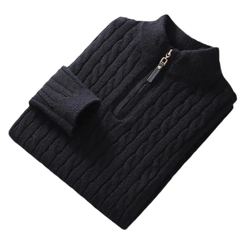 Men's half zip diamond lattice sweater pullover in milky white, slim fit, winter thickened knit